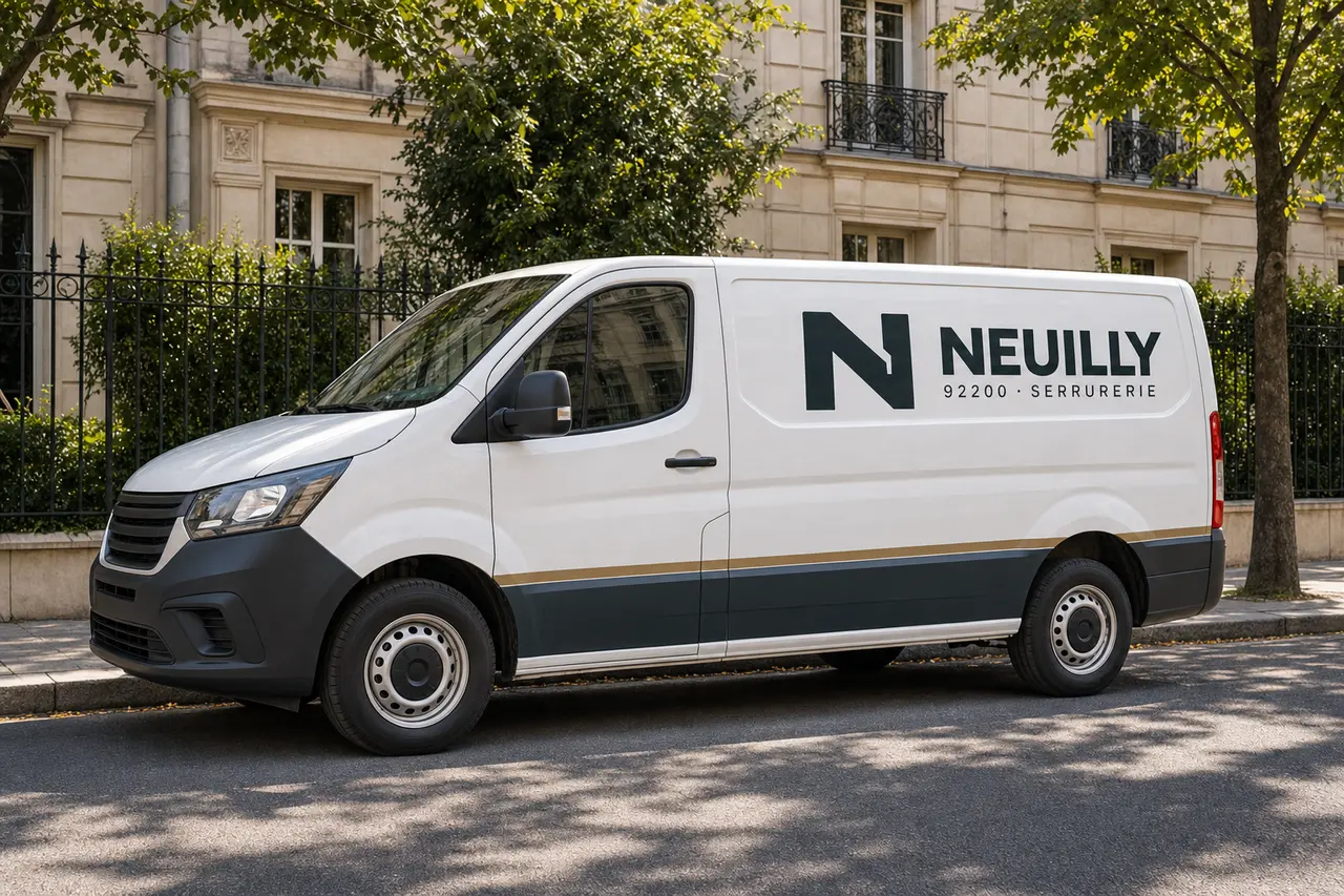 Camionnette de serrurerie aux couleurs Neuilly 92200 garée devant un immeuble haussmannien